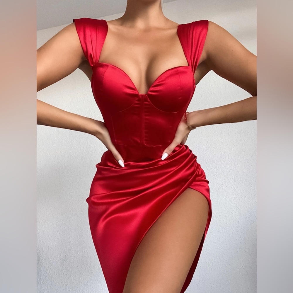 Miss Circle Red Satin off shoulder wrap Corset midi formal mini / knee Dress - Picture 3 of 6